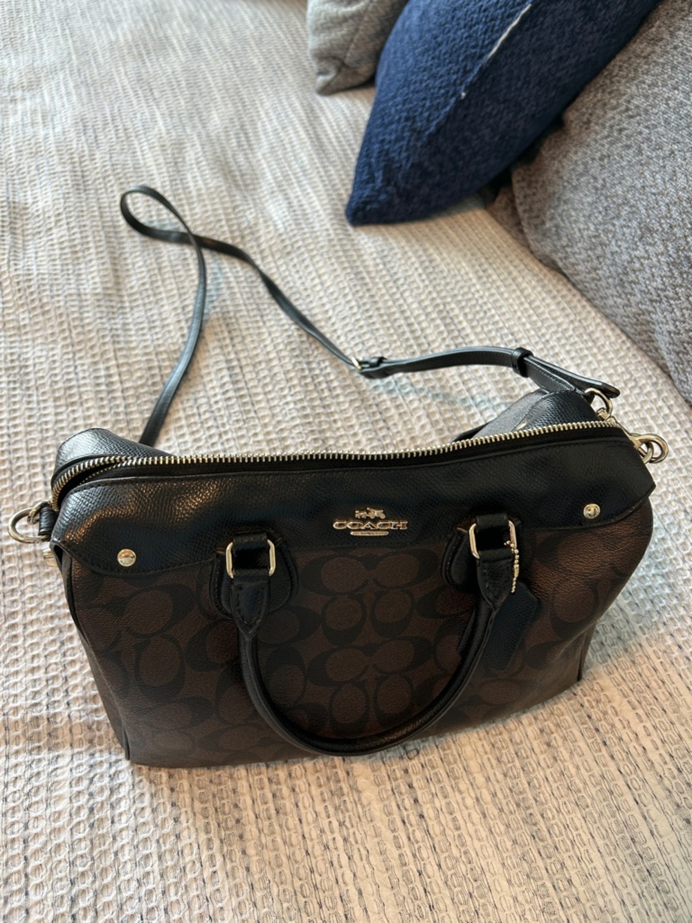 Coach Brown and Black Signature Satchel with Gold Hardware